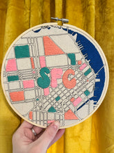 Load image into Gallery viewer, Pink/ Teal / Peach - 8 inch &quot;SFC&quot; Downtown Bay Area San Francisco Hand-Drawn art Map &amp; Hand- Embroidered Groovy Letters Hoop
