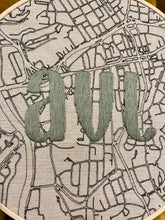 Load image into Gallery viewer, Green- 8 inch &quot;AVL&quot; Downtown Asheville, NC Hand-Drawn art Map of Asheville &amp; Biltmore Roads &amp; Hand- Embroidered Hoop
