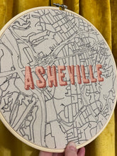 Load image into Gallery viewer, 2-toned Peach - 10 inch &quot;Asheville&quot; Hand-Drawn Art Map of Downtown Asheville, NC &amp; Biltmore Roads &amp; Hand- Embroidered Hoop
