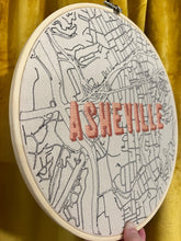 Load image into Gallery viewer, 2-toned Peach - 10 inch &quot;Asheville&quot; Hand-Drawn Art Map of Downtown Asheville, NC &amp; Biltmore Roads &amp; Hand- Embroidered Hoop
