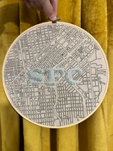 Load image into Gallery viewer, 2-toned Blue 10 inch &quot;SFC&quot; Downtown San Francisco Hand-Drawn art Map of the Bay Area &amp; Hand- Embroidered Art deco Letters Hoop

