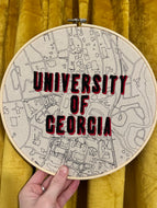 UGA - 10 inch Classic City College Campus Map - “University of Georgia” Hand Drawn Art Map with hand embroidery Hoop (black & red)
