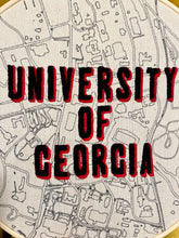 Load image into Gallery viewer, UGA - 10 inch Classic City College Campus Map - “University of Georgia” Hand Drawn Art Map with hand embroidery Hoop (black &amp; red)
