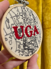 Load image into Gallery viewer, 3 inch “UGA” Classic City College Campus Map - University of Georgia Hand Drawn Art Map w/ hand embroidery Hoop (red)
