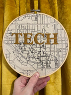 GA Tech- 8 inch College Campus Map - “Tech” Hand Drawn Art Map of downtown Atlanta w/ hand embroidery Hoop (gold)