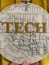 Load image into Gallery viewer, GA Tech- 8 inch College Campus Map - “Tech” Hand Drawn Art Map of downtown Atlanta w/ hand embroidery Hoop (gold)

