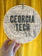 Georgia Tech- 8 inch College Campus Map - Hand Drawn Art Map of downtown Atlanta w/ hand embroidered Hoop (blue & gold)