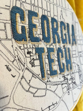 Load image into Gallery viewer, Georgia Tech- 8 inch College Campus Map - Hand Drawn Art Map of downtown Atlanta w/ hand embroidered Hoop (blue &amp; gold)
