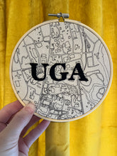 Load image into Gallery viewer, 6 inch “UGA” Classic City College Campus Map - University of Georgia Hand Drawn Art Map w/ hand embroidered Hoop (black)
