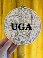 6 inch “UGA” Classic City College Campus Map - University of Georgia Hand Drawn Art Map w/ hand embroidered Hoop (black)