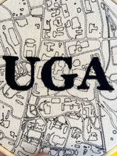Load image into Gallery viewer, 6 inch “UGA” Classic City College Campus Map - University of Georgia Hand Drawn Art Map w/ hand embroidered Hoop (black)
