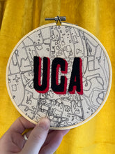 Load image into Gallery viewer, 6 inch “UGA” Classic City College Campus Map - University of Georgia Hand Drawn Art Map w/ hand embroidered Hoop (black &amp; red)
