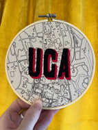 6 inch “UGA” Classic City College Campus Map - University of Georgia Hand Drawn Art Map w/ hand embroidered Hoop (black & red)