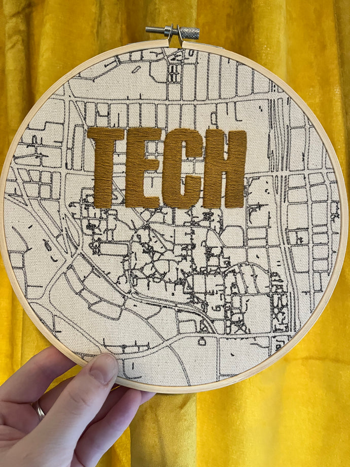 GA Tech- 8 inch College Campus Map - “Tech” Hand Drawn Art Map of downtown Atlanta w/ hand embroidery Hoop (gold)