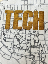 Load image into Gallery viewer, GA Tech- 8 inch College Campus Map - “Tech” Hand Drawn Art Map of downtown Atlanta w/ hand embroidery Hoop (gold)
