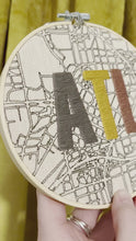 Load and play video in Gallery viewer, 6 inch (Gunmetal Grey, Goldenrod, and Copper) Downtown Atlanta hand-Drawn Map &amp; &quot;ATL&quot; hand-Embroidered Letters Hoop
