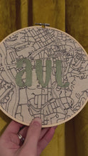 Load and play video in Gallery viewer, Green- 8 inch &quot;AVL&quot; Downtown Asheville, NC Hand-Drawn art Map of Asheville &amp; Biltmore Roads &amp; Hand- Embroidered Hoop
