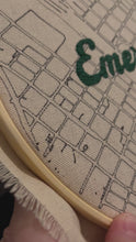 Load and play video in Gallery viewer, Emerald Green 10 inch &quot;Emerald City ” Seattle, WA Downtown Hand-Drawn Art Map &amp; Hand- Embroidered Lettered Script text Hoop
