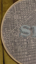 Load and play video in Gallery viewer, 2-toned Blue 10 inch &quot;SFC&quot; Downtown San Francisco Hand-Drawn art Map of the Bay Area &amp; Hand- Embroidered Art deco Letters Hoop
