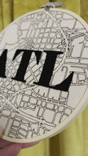 Load and play video in Gallery viewer, 6 inch Downtown Atlanta hand-Drawn Map &amp; &quot;ATL&quot; hand-Embroidered Letters Hoop
