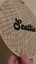 Load and play video in Gallery viewer, Navy Blue- 8 inch &quot;Seattle” Downtown Seattle, Washington Hand-Drawn art Map &amp; Hand- Embroidered Letters Hoop
