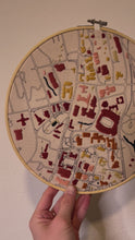Load and play video in Gallery viewer, UGA College campus - 10 inch Classic City Art Map - “University of Georgia” Hand Drawn Art Map with hand embroidery Hoop (Sunset Colors)
