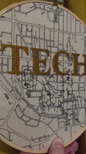 Load and play video in Gallery viewer, GA Tech- 8 inch College Campus Map - “Tech” Hand Drawn Art Map of downtown Atlanta w/ hand embroidery Hoop (gold)
