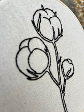 Load image into Gallery viewer, 6 inch &quot;Cotton Plant&quot; sprig in black contour outline hand embroidered drawing on neutral canvas

