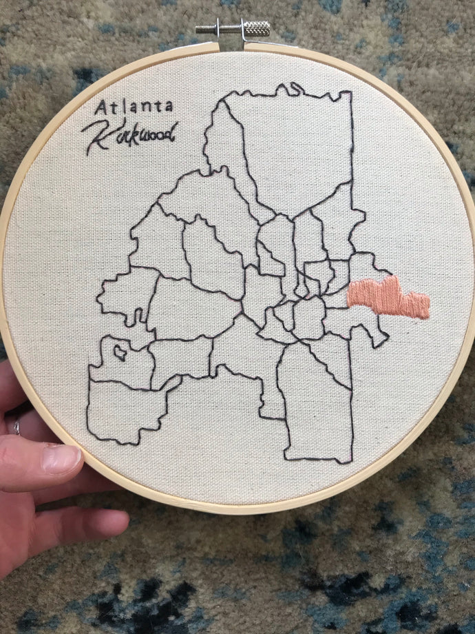 8 Inch Hand-Embroidered Map of Atlanta Neighborhoods with Neighborhood Personalization