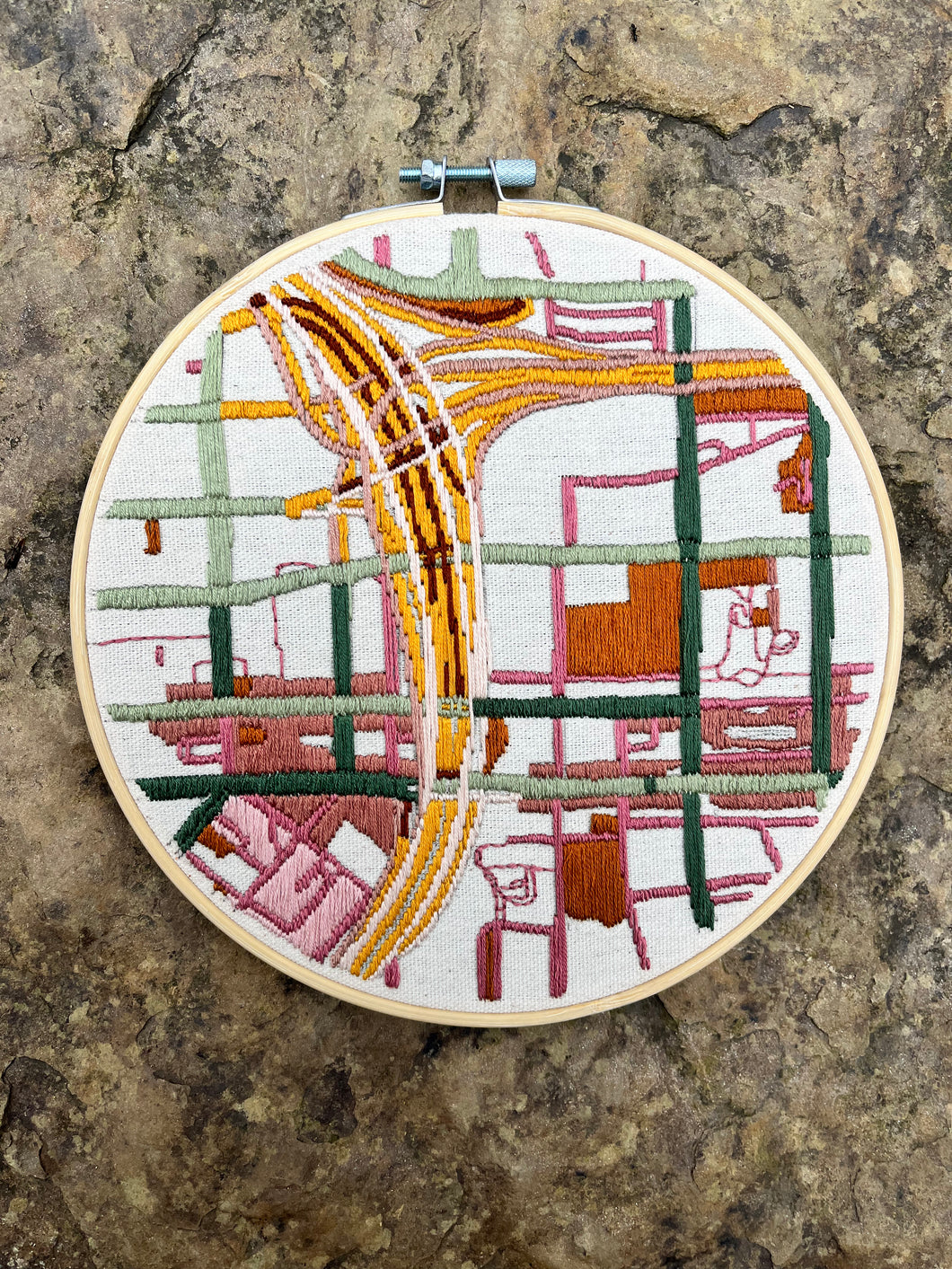 8 inch Downtown Atlanta Roads Hand-Embroidered Map 70's Colors
