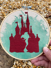 Load image into Gallery viewer, 6 inch Disney Princesses silhouette in hand-embroidered embroidered castle over Watercolor artwork
