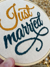 Load image into Gallery viewer, 6 inch &quot;Just Married&quot; Navy Blue and Goldenrod Hand-Embroidered Hoop
