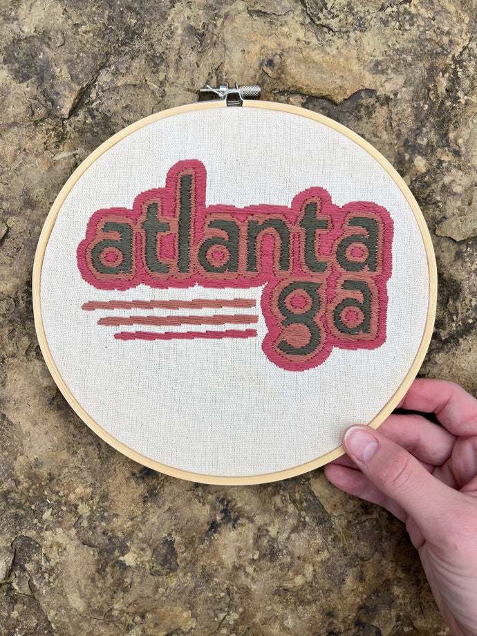 8 Inch Lowercase Atlanta, GA 70s Vibe Font and Colors Hand-Embroidered Hoop