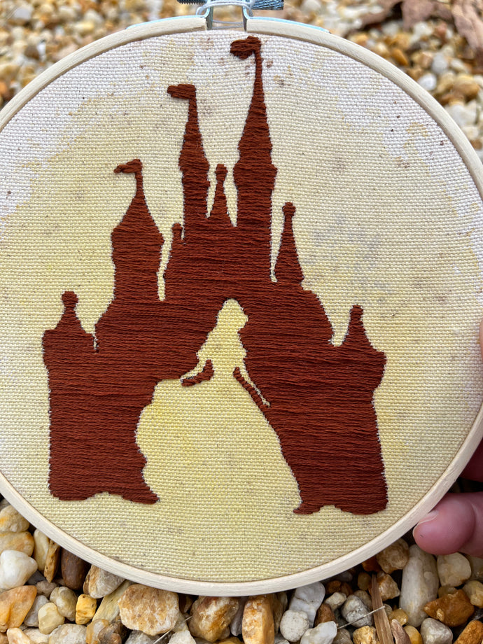 6 inch Disney Princesses silhouette in hand-embroidered embroidered castle over Watercolor artwork