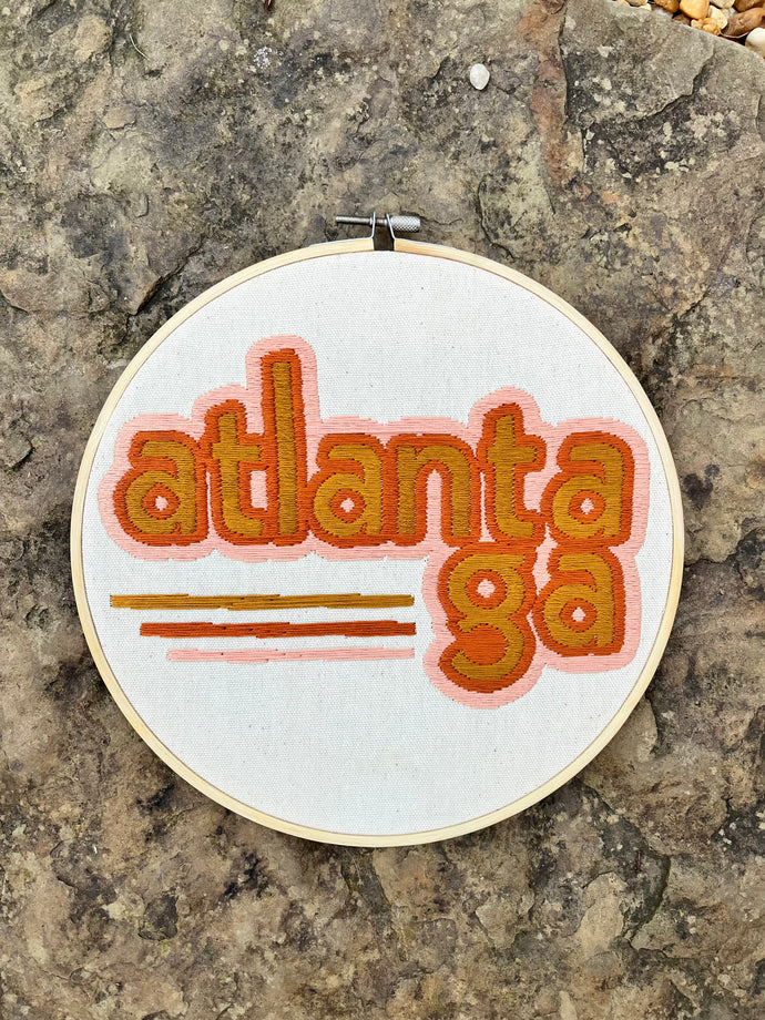 10 Inch Lowercase Atlanta, GA Vintage 70s Colors Hand-Embroidered Hoop