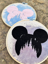 Load image into Gallery viewer, 6 inch Disney Princess castle silhouette in hand embroidered mouse ears over Watercolor artwork
