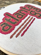 Load image into Gallery viewer, 8&quot; Lowercase Atlanta, GA 70s colors Hand-Embroidered Hoop
