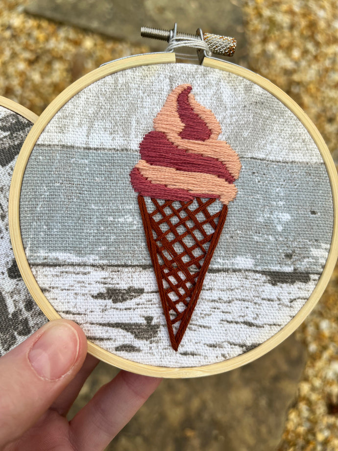 4 inch- Ice Cream Cone Hand-Embroidered Art Hoop