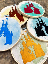 Load image into Gallery viewer, 6 inch Disney Princesses silhouette in hand-embroidered embroidered castle over Watercolor artwork
