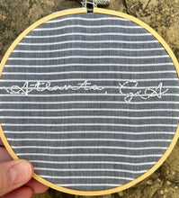 Load image into Gallery viewer, 5 inch &quot;Atlanta, GA&quot; on Blue Striped Linen Hand-Embroidered Hoop
