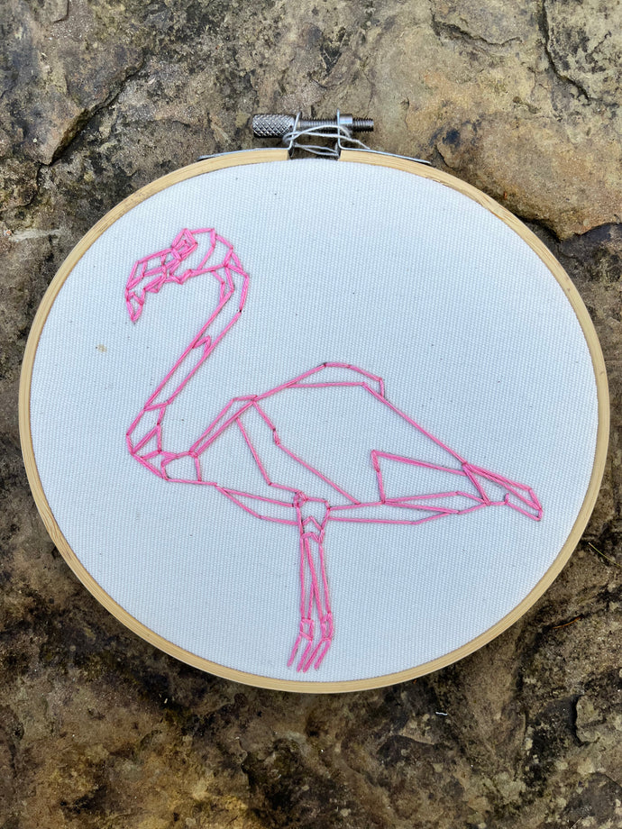 6 inch Geometric hot Pink Flamingo Shape Hand-Embroidered Hoop