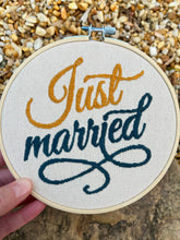 Load image into Gallery viewer, 6 inch &quot;Just Married&quot; Navy Blue and Goldenrod Hand-Embroidered Hoop
