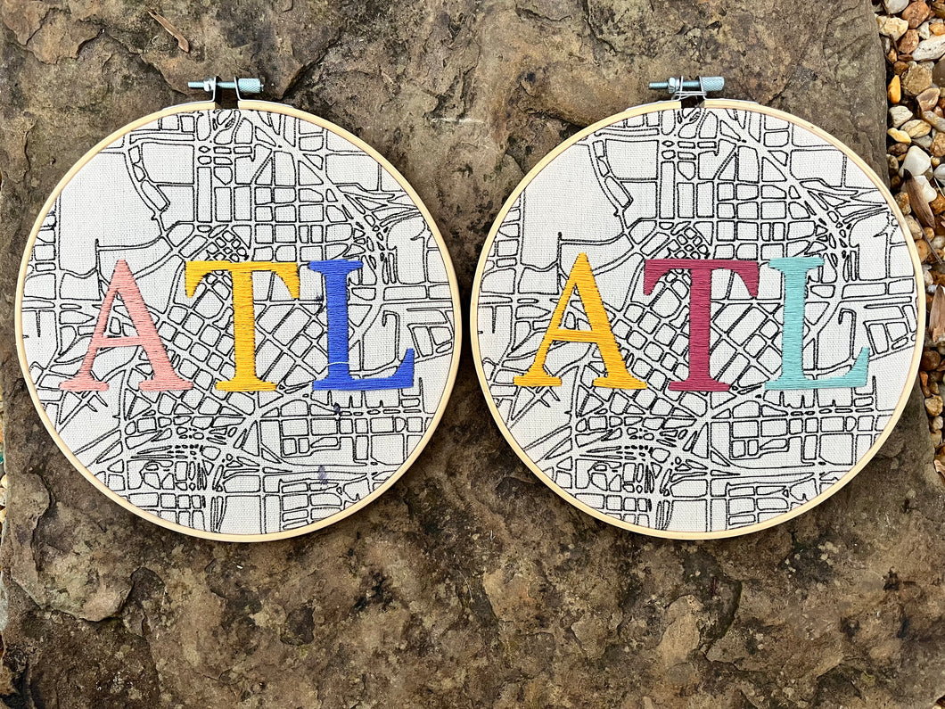 8 inch Downtown ATL Hand-Drawn Map and Embroidered Letters Hoop (5 Color Options)