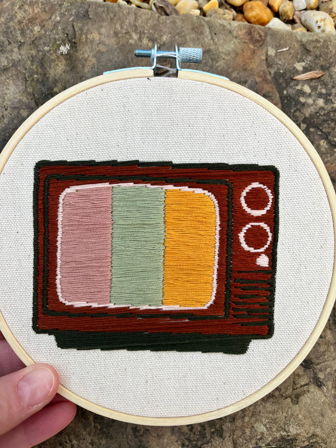 6 Inch hand embroidered Vintage Television 70s Colors artwork in wooden oop
